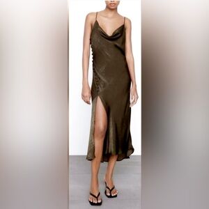 ZARA Women's Satin Cowl Midi Cami Dress Khaki Green